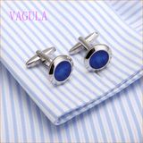 VAGULA Fashion Rhodium Plated Copper Blue Painting Cuff Link