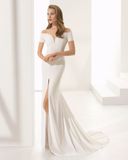 off Shoulder Side Split Mermaid Beach Chiffon Bridal Wedding Dress