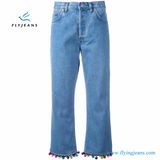 Bobbles Decorated Blue Cropped Flared Women Jeans Denim