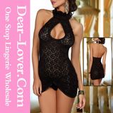 Black Lace Halter Neck Mini Chemise Dress