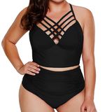 Plus Size Black Strappy Neck High Waist Bikini Swimsuit Swimwear