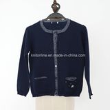 Girls' Acrylic Cardigan with Silver Thread in Placket and Neck Line, Star Embroidery on Pocket