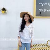 Women's Short Sleeve Lace Top Cotton Blend Lace Plain Round Neck Loose Blouse