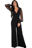 Fashion Women Sexy Black Embellished Cuffs Long Mesh Sleeves Jumpsuit