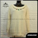 Ladies Beaded Neck Fuzzy Warm White Sweater