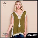 Women V-Neck Fringed Sleeveless Oversize Shirt