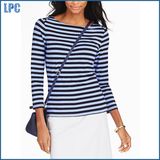 Ladies Fashion Stripes Button Shoulder Printed T-Shirt