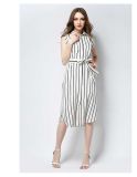 Ladies New Design High Quality Round Collar Sleeveless Long Dress with Stripe Chiffon Fabric