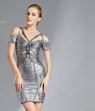 Hot Silver Bandage Dress with a Shoulder Sleeveless Short Dress