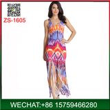 Plus Size Woman Printed Sexy Long Dress with Tassels for Beach