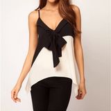 Fashion Women Sexy Chiffon Color Matching Bow V-Neck Blouse