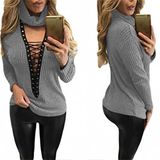 Fashion Women Sexy Slim Turtleneck Sweater Hollow V-Neck Bandage Blouse