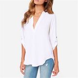 Women Chiffon Blouses Autumn V Neck Half Sleeve Casual Women Pure Color Female Tops