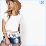 Women's Tassel Hem White Crop Baseball Wholesale T-Shirt