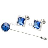 VAGULA Saphire Round Zircon Brooch Pin and Cuff Link Set 727