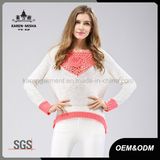 Chunky Sequined Hi-Lo Hem Round Neck Crocheted Patterned Pink Sweater