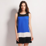 Lady Stretch Crepe Shift Color Block Dress with Scoop Neck