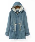 Women Cheap Winter Long Denim Jacket with Hoody Coat