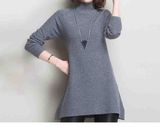 100% Wool High Neck Hem Split Knit Longline Sweater for Women