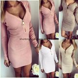 Vestidos Knitting Women Dresses Zipper O-Neck Sexy Knitted Dress Long Sleeve Bodycon Sheath Pack Hip Dress