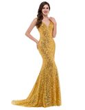 Sleeveless Evening Dress Vneck Long Gold Evening Gown