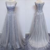 D1176 Evening Dresses with Lace Appliques Beaded Waist Tulle Dress