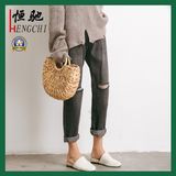 Factory Wholesale Lady Black Fashion Jeans with Hole