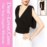 Black V-Neck Cropped Club Top with Drape Kimono Sleeve