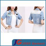 Classic Collared Mesh Patch Shoulder Short Lady Denim Jacket (JC4080)