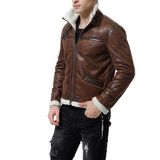 Xiaolv88 Men's Faux Leather Jacket Brown Motorcycle Bomber Shearling Suede Stand Collar