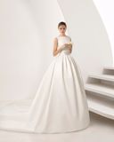 Sexy V Back Boat Neck Pleat Belt Satin Wedding Gown Bridal Dress