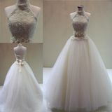 New Heavy Beading Pearls Halter Ball Gown Bridal Wedding Dress