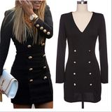 Hot Sale Fashion Womens V-Neck Show Slim Casual Double-Breasted Dress (50247)