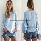 Women Blouses Shirts Autumn Elegant Ladies O-Neck Flounce Long Sleeve Solid Blusas Casual Loose Tops