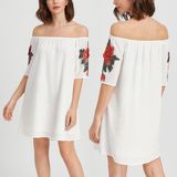 Fashion Women Leisure Casual Flower Embroidery off Shoulder Dress