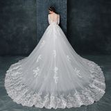 Scoop Neck Appliques Half Sleeves Court Train Wedding Dress (Dream-100049)