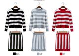 Ws1142 Ladies Striped Tassels Long Sleeve Knitted Tops+Skirt 2PCS Suit