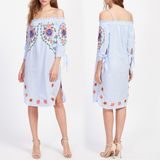 Fashion Women Leisure Casual Embroidery Bandage off Shoulder Dress