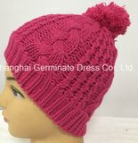 Fashion Cable Knitting Hat Pink Beanie Hat with Pompom (Hjb053)