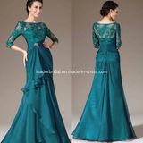 Bateau Blue Evening Dresses Half Sleeve Lace Mother of The Bride Dress B7