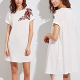 Fashion Women Leisure Casual Rose Flower Embroidery Shirt Dress