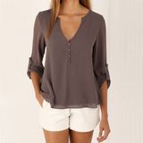 Women's Sexy Fashion Loose Chiffon Tops Long Sleeve V Neck Casual Blouse