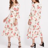 Fashion Women Sexy Chiffon Flower Printed Flare Sleeve V-Neck Bandage Dress