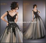 Cap Sleeves Bridal Ball Gown Nude Tulle Black Lace Wedding Dresses (H14816)