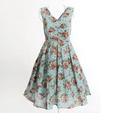 Cotton Linen V Collar Floral Blue Boho Dresses