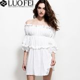 Cotton Seersucker off Shoulder Women Dress with Ruffles