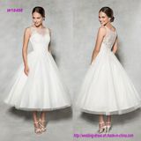 Lace Embellished Illusion Neckline Tea-Length Wedding Dress