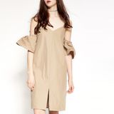 Fashion Women Preppy Linen Sexy Slim V-Neck off Shoulder Slip Dress