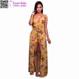 Iona Deep V Neck Mustard Floral Romper Maxi Dress L51409