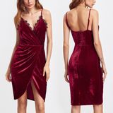 Fashion Women Sexy Slim Velvet V-Neck Lace Backless Slip Dress